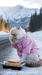 Fancy Cat Enjoys Breakfast in the Snow