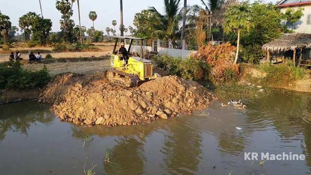 Wonderful Start New Project!! Bulldozer Komatsu D20p Pushing Soil Filling Flooded Pond _ 5ton Truck