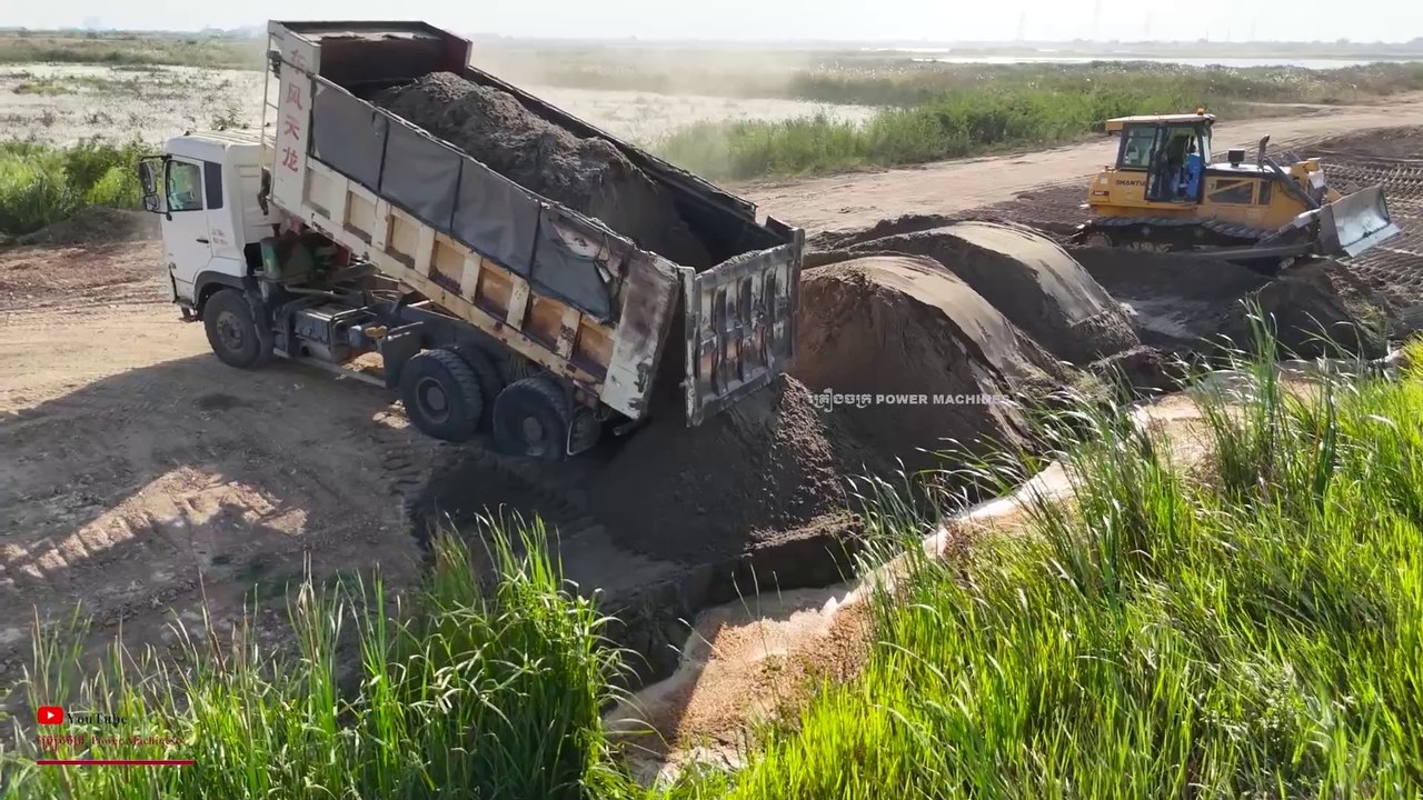 Amazing Smart.!! Dozer Trimming Sand Into Water And Filling Land With Skills Dump Truck Team Working