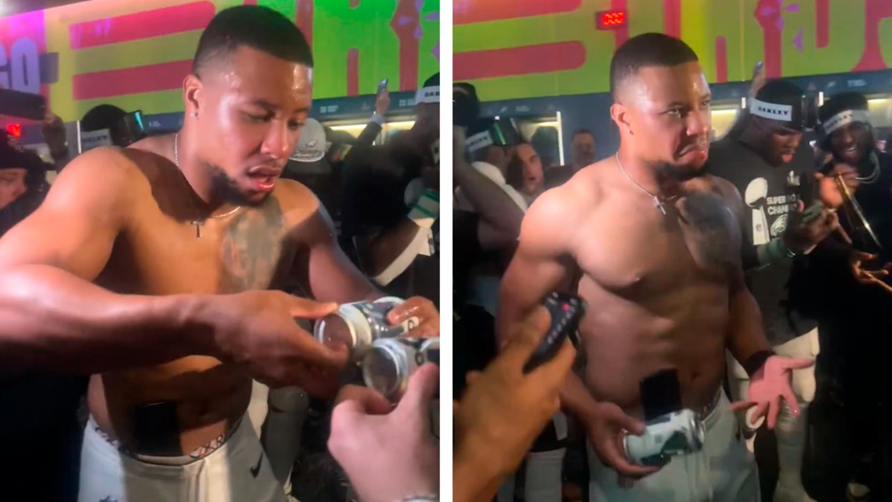 Super Bowl LIX: Saquon hace un "beer shotgun" en los festejos de los Eagles con Jalen Hurts