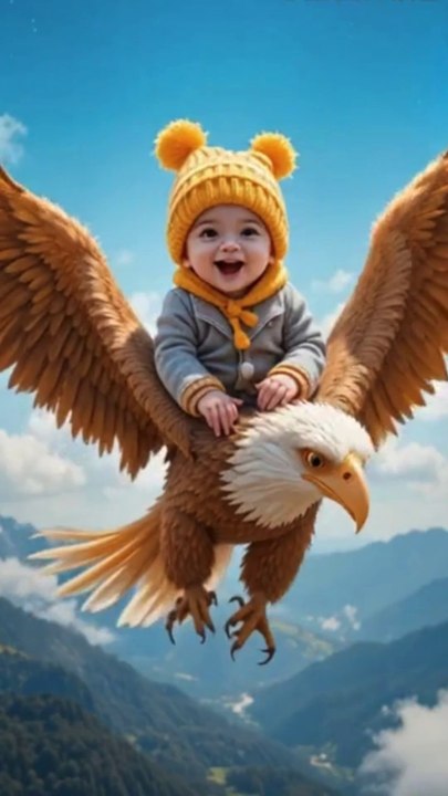 a joyful baby rides eagle