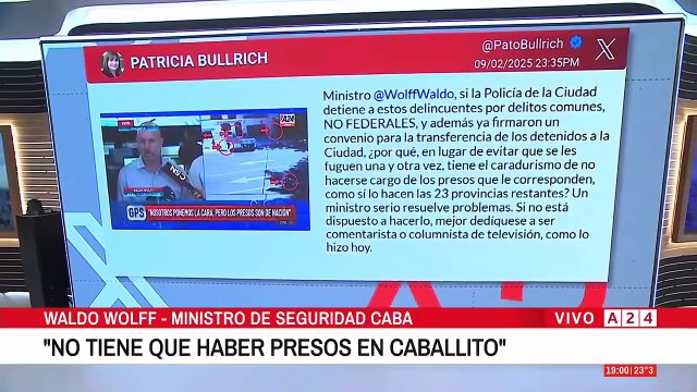 A24.com - 🔴WALDO WOLFF： ＂ME DOLIÓ EL POSTEO DE BULLRICH＂ ＂Me consta que la ministra Bullrich sa