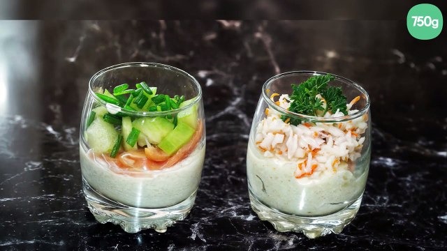 Verrine de saumon fumé, concombre, surimi