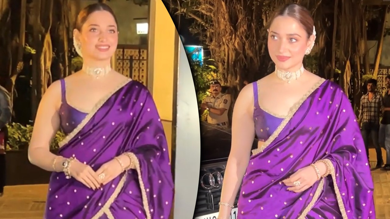 Tamannaah Bhatia का पर्पल साड़ी में दिखा शानदार लुक