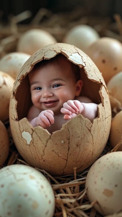 A cute baby peeking out from a cracked eggshell