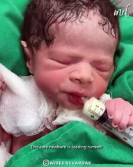 Newborn feeding himself and acting so independent!