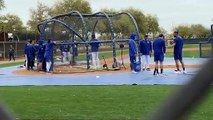 Shohei Ohtani tomando práctica de bateo en el campamento de los Dodgers de Los Ángeles.