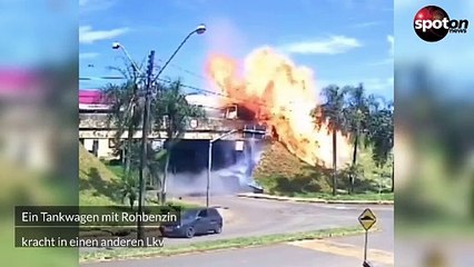 Tankwagen rast in Lkw und geht in Flammen auf