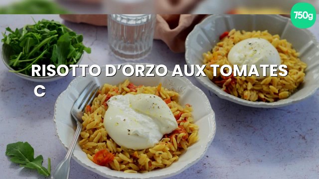 Risotto d’orzo aux tomates cerises confites et burrata