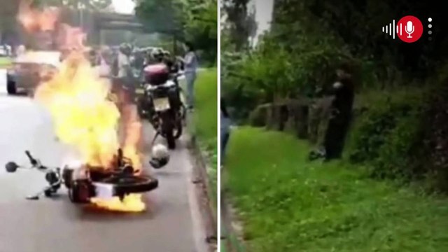 VIDEO | Motociclista prendió su moto en llamas y agredió a un agente de tránsito en Medellín