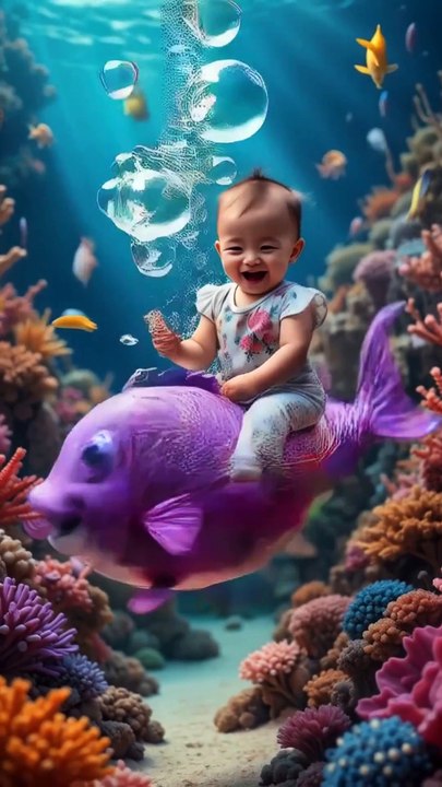 Baby happily riding a whimsical purple fish