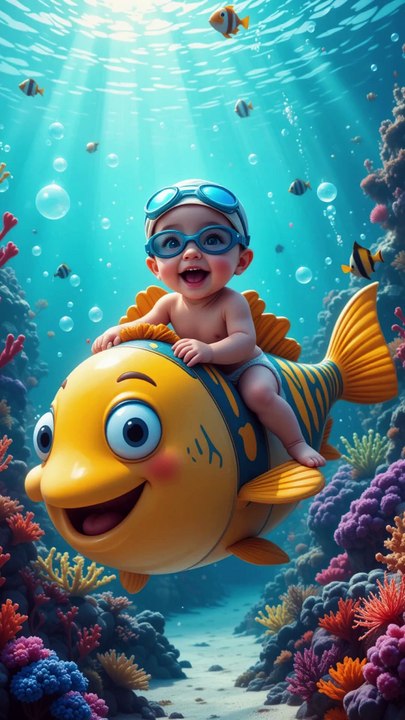 adorable baby wearing a swimming cap and goggles joyfully rides a large #baby #happy #riding #purple #fish #viral #fyp #trending #foryou