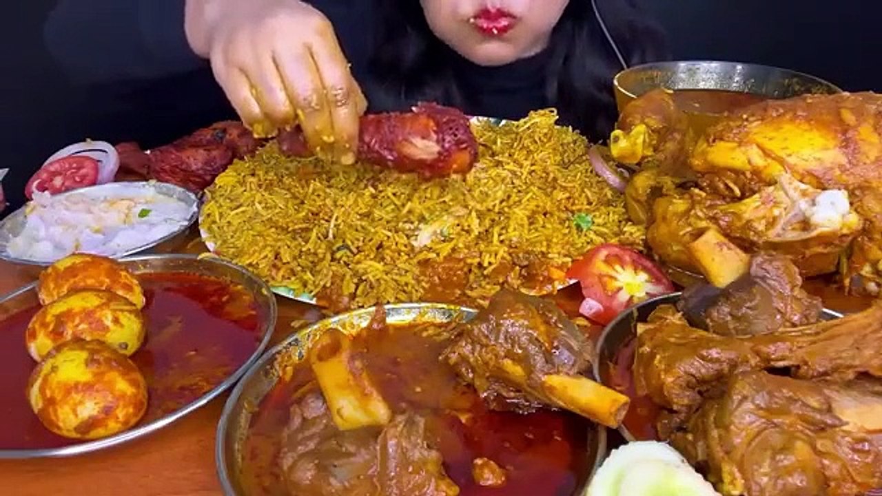 ASMR EATING VEG BIRYANI,MUTTON CURRY,EGG CURRY,CHICKEN CURRY,CHICKEN LEG PIECE,RAITA _ FOOD