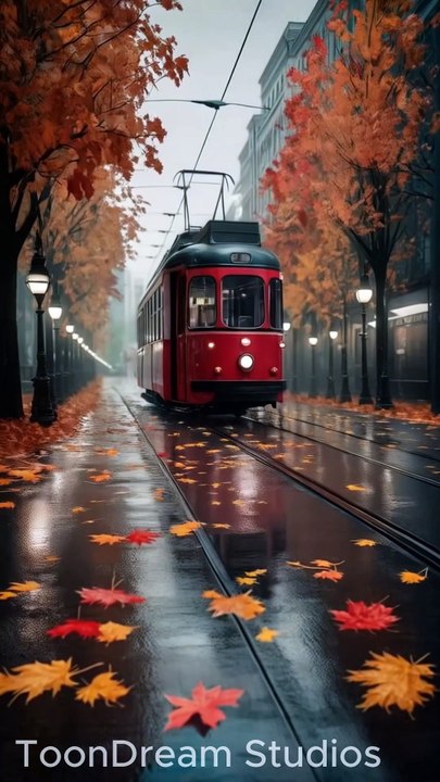 A Red Tram’s Journey Through a Rainy Autumn Wonderland