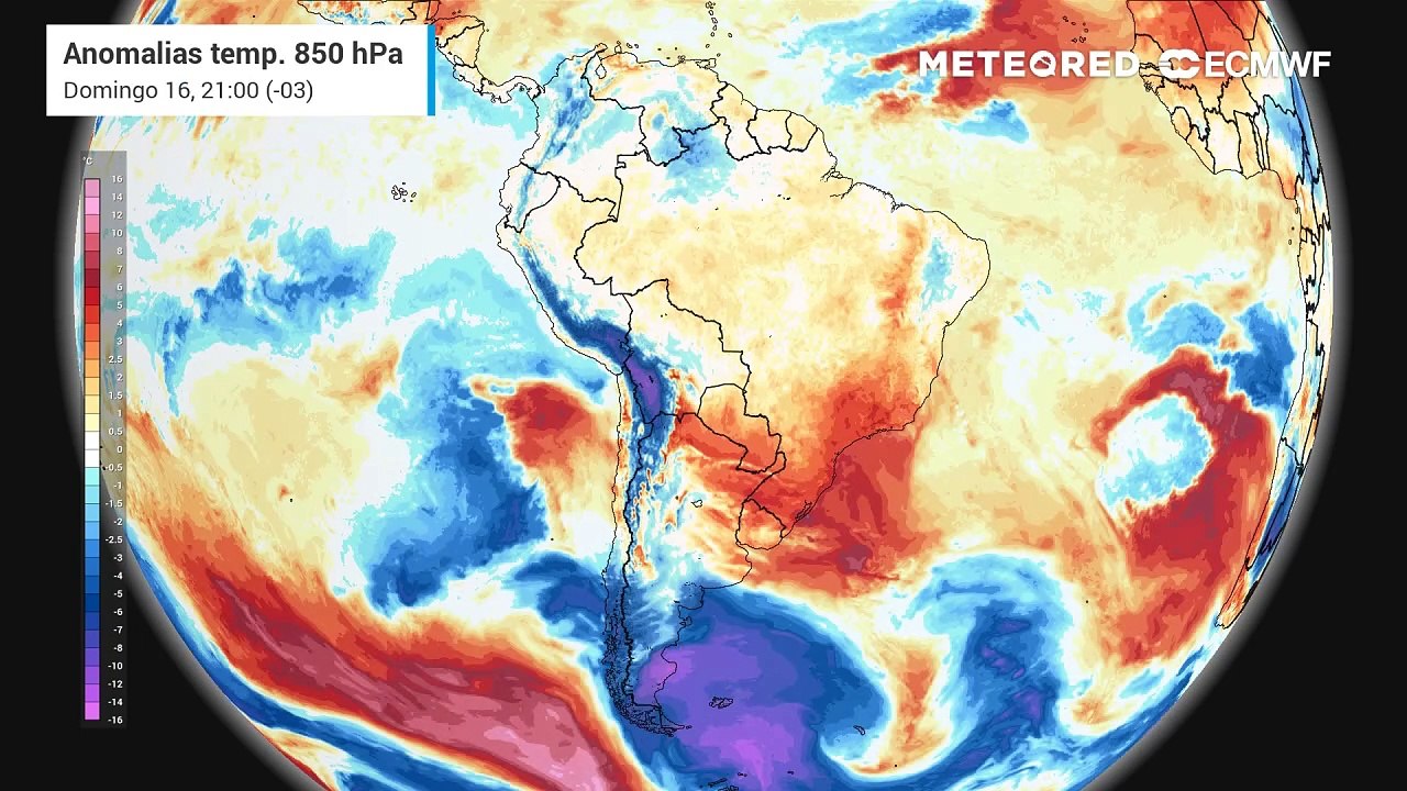 Anomalia de temperatura em 850 hPa - massas de ar