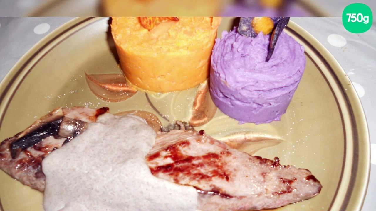 Faux filet, sauce champignons et duos de purées de pommes de terre