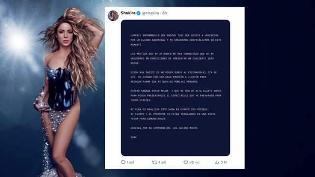 Shakira es hospitalizada en Lima y suspende su primer concierto en Perú