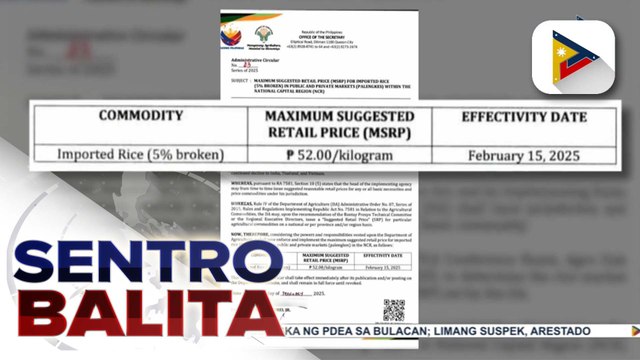 Maximum SRP ng imported rice, ibinaba na ng D.A. sa P52/kg