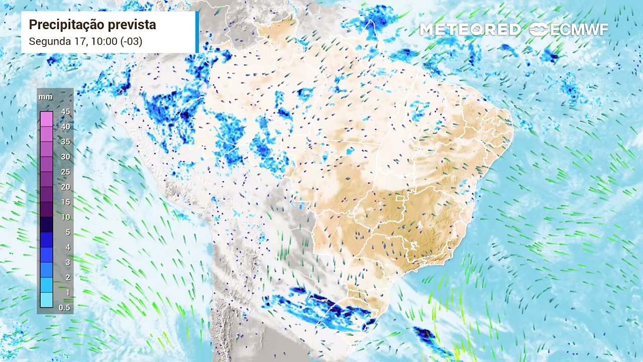 Previsão de nebulosidade e chuva entre a segunda-feira (17) e quarta-feira (19), segundo o modelo ECMWF.