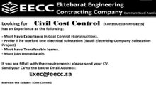 Job for Civil Cost Controller for construction project in EECC in Saudi Arabia