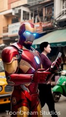 Iron Man Gets Distracted: Caught Using His Smartphone in the Middle of a City