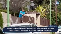 Munuera Montero coloca lonas en la fachada de su casa para tapar el mural de Messi que tiene en su jardín