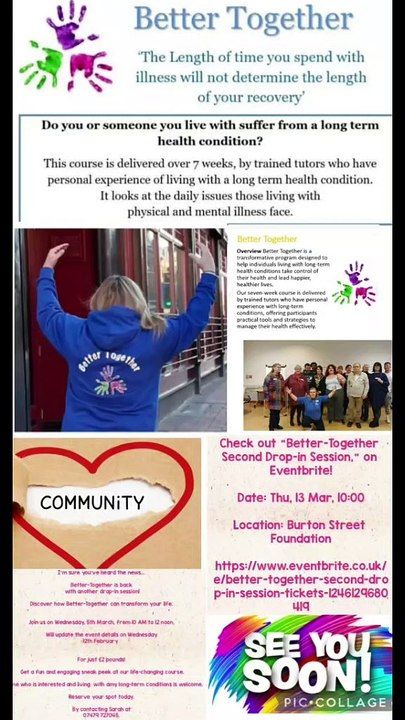 Better-Together  second drop-in session.Join Facebook for more details In Sheffield.https://www.facebook.com/share/v/1DpDqWoSWv/