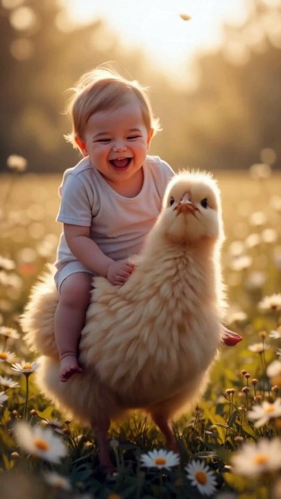 A Baby Laughing while Riding on the Back of a Large Fluffy Chick