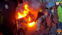 Un espectacular vídeo muestra como un policía americano salva a una mujer de un incendio en su coche