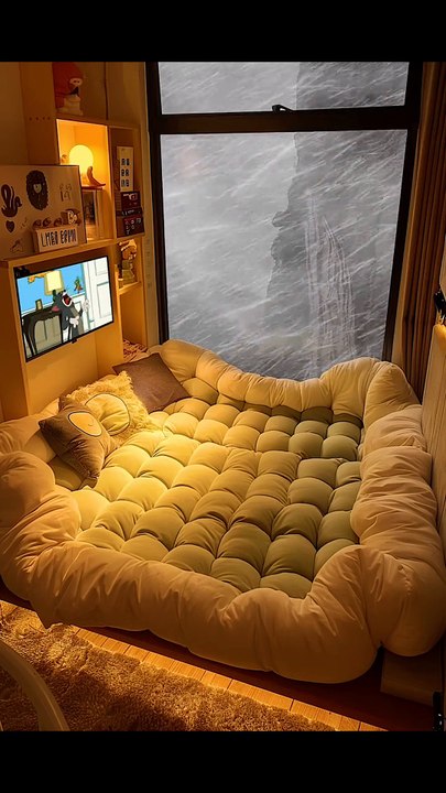 Plush Floor Bed, Warm Lighting.