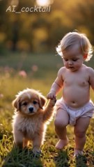 cute baby walking with puppy!