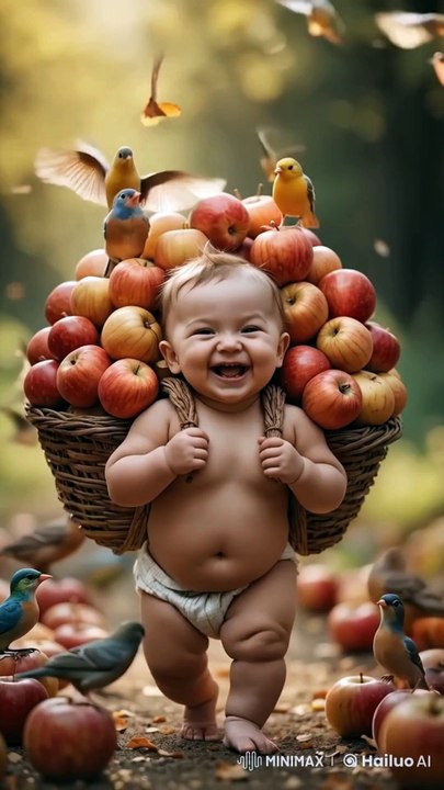 a Joyful Chubby Baby with Basket overflowing with vibrant red and yellow apples