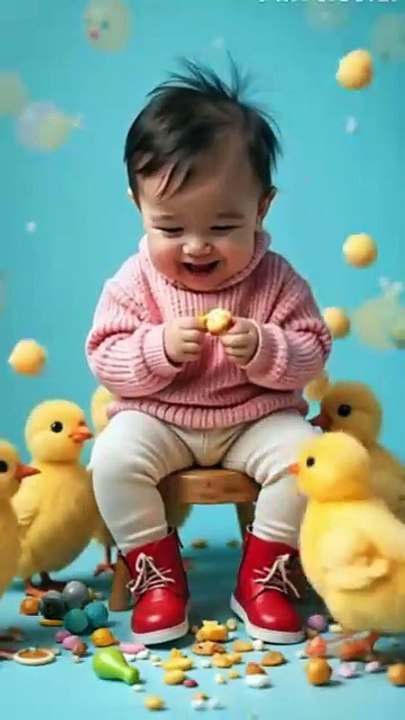 A joyful baby sitting on a small stool, surrounded by playful cartoon chicks.