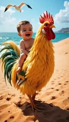 A cute boy riding a fluffy yellow and green rooster with