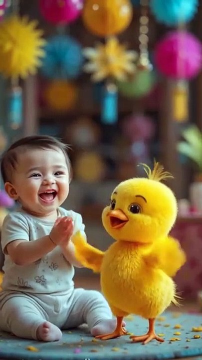 A cute baby joyfully clapping with cartoon chick
