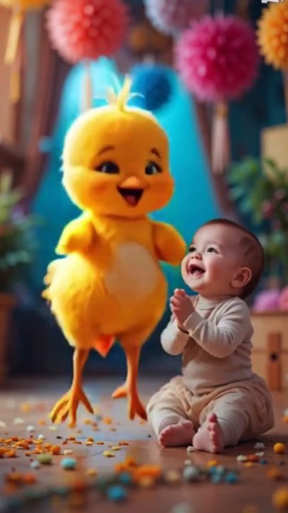 A delightful scene featuring a cute baby joyfully clapping and cartoon chick dancing
