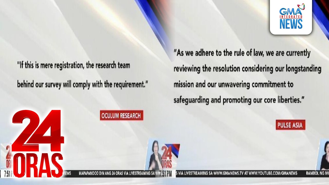 Reaksyon ng ilang survey firm kaugnay sa utos ng COMELEC na kailangang rehistrado sila, mga kandidato at ibang nagsasapubliko ng survey para sa Eleksyon 2025 | 24 Oras
