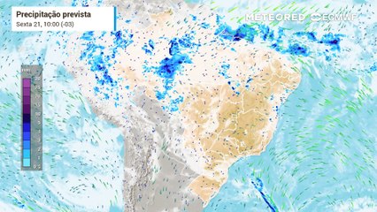 Precipitação e Nebulosidade Prevista para o Brasil entre os dias 21 e 23 de fevereiro.