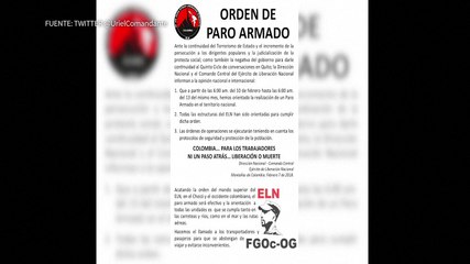 ELN realizará huelga armada tras congelamiento de diálogos de paz