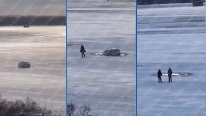 Buz tutan gölde aracıyla ilerlemek istedi, suya gömüldü