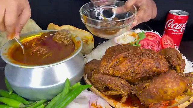 ASMR EATING LUCHI_PURI WITH WHOLE CHICKEN CURRY & RICE,SPICY HANDI LIVER CURRY _FOOD EATING VIDEOS_