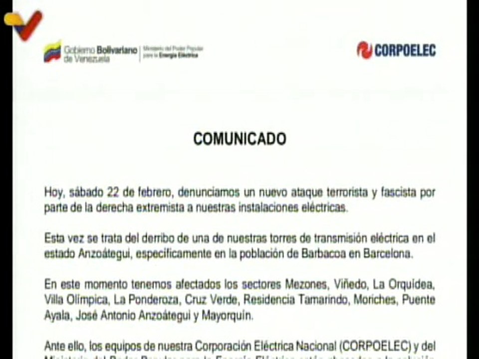 Comunicado | Corpoelec denuncia nuevo ataque fascista en instalaciones eléctricas del país