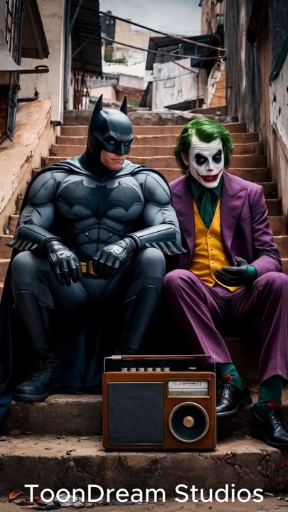 Batman & Joker: The Ultimate Chill Session!"When the dark knight and the clown prince of crime take a break together! Watch as Batman and Joker kick back and enjoy some tunes in this unexpected chill moment. 🦇🎶"  #Batman #Joker #ChillSession #Superheroe