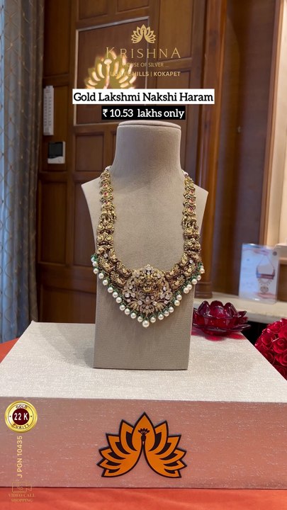 22K Gold Lakshmi Nakshi Haram with Stones, CZs, Moissanite, Emerald Beads & Pearls