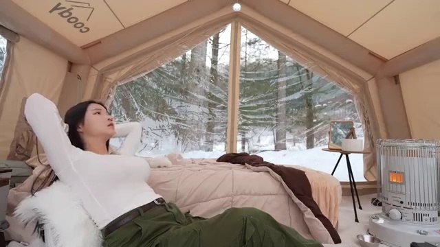 Camping in Snow Mountain❄️with Inflatable Hot Tent | Wood Stove ASMR