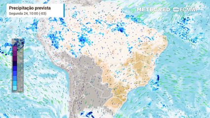 Precipitação e Nebulosidade Prevista para o Brasil entre os dias 24 e 26 de fevereiro.