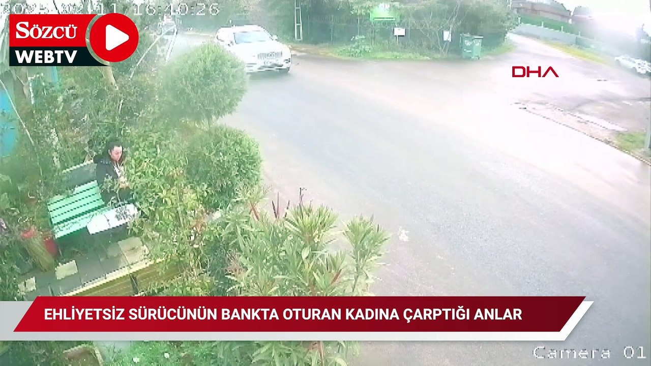 Ehliyetsiz sürücünün bankta oturan kadına çarptığı anlar
