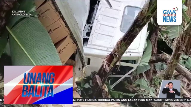 Closed van, nahulog sa bangin matapos umanong mawalan ng preno; driver at 2 pahinante, nakaligtas | Unang Balita