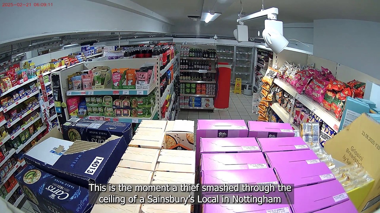 Bizarre CCTV footage shows burglar climbing through roof of Nottingham Sainsbury's store