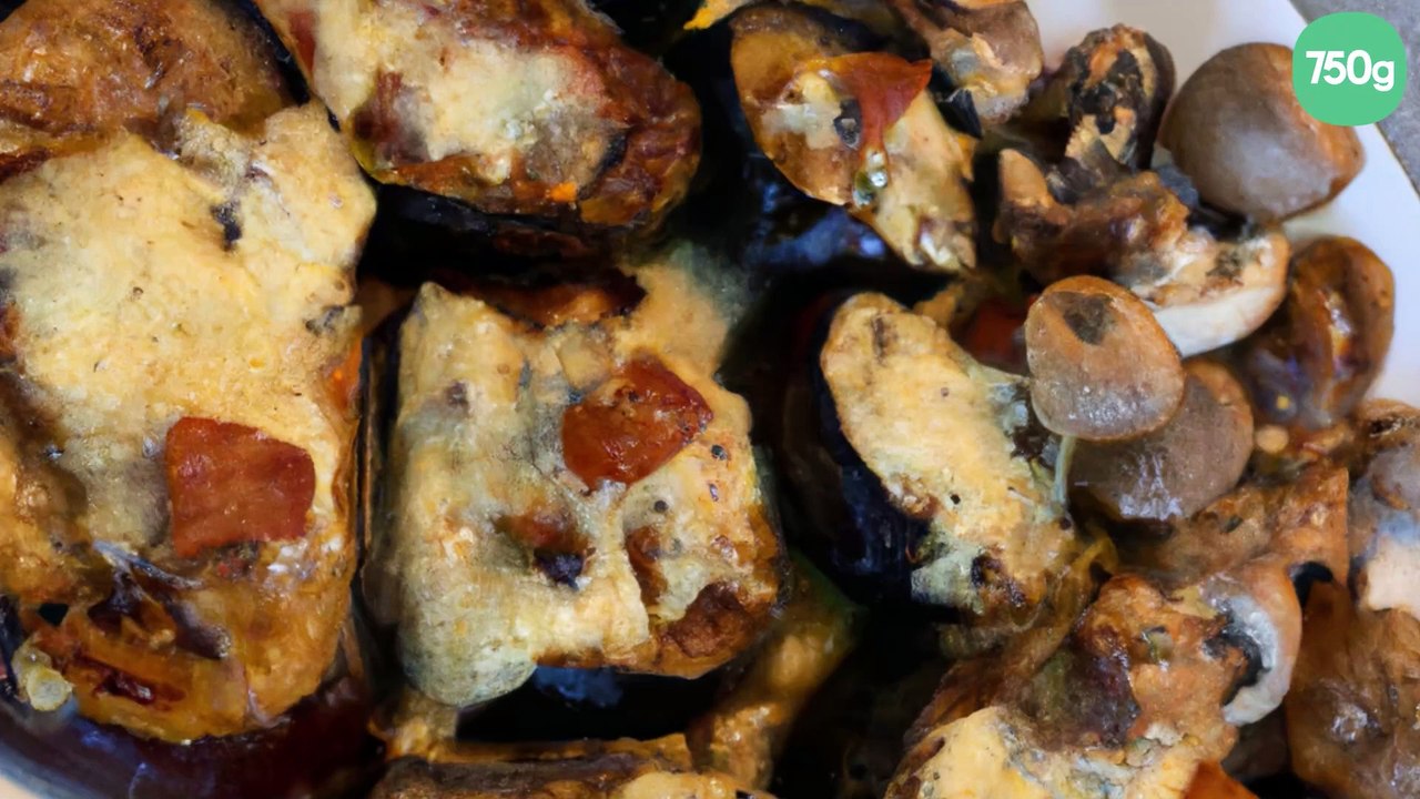 Aubergines gratinées farcies au lard et aux champignons